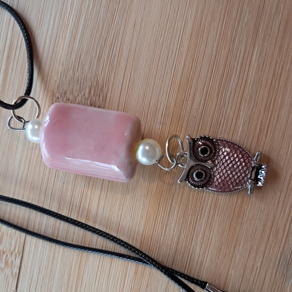 Pink and Silver Owl Pendant Necklace with Pearl - Picture 6 of 7